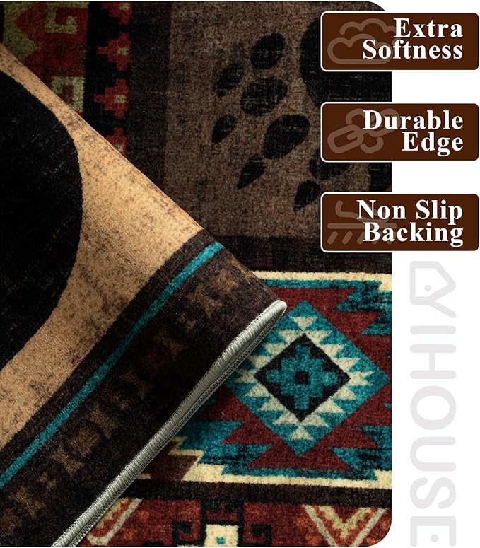 YIHOUSE Rustic Cabin Area Rug 5x7,Machine Washable Lodge Bear Rug,Non-Slip Low Pile Print Pattern Southwestern Rug for Living Room Bedroom