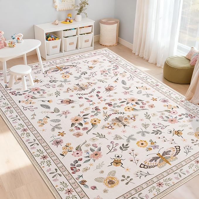 Rug for Living Room 6x9, Washable Area Rugs for Bedroom, Soft Thin Non Slip Indoor Low Pile Carpet for Dining Room, Large Throw Floral Butterfly Carpets for Office Nursery Home Decor, Beige