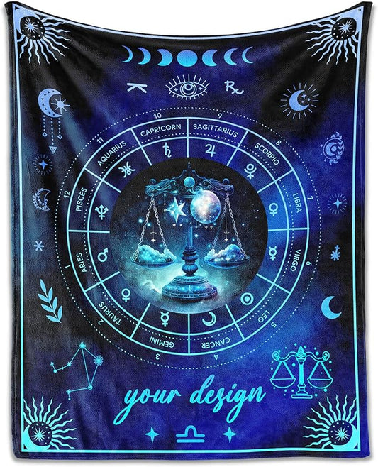Custom Libra Blanket Gifts, 50" x 40" Rectangular Flannel Zodiac Throw Blanket Cozy, Personalized Gift for Boys Girls Teen Women Men Tarot Cards Lovers Birthday Anniversary Festival