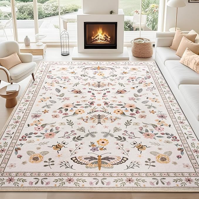 Rug for Living Room 6x9, Washable Area Rugs for Bedroom, Soft Thin Non Slip Indoor Low Pile Carpet for Dining Room, Large Throw Floral Butterfly Carpets for Office Nursery Home Decor, Beige