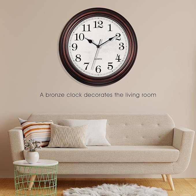 HYLANDA Wall Clock, 12 Inch Vintage Retro Silent Quality Wall Clocks Battery Operated Non-Ticking, Round Decorative Kitchen Home Office Bedroom Living Room(Bronze)