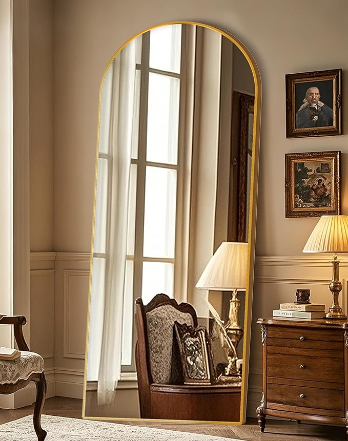 Delma Wall Mirror Full Length, Standing Floor Mirror for Bedroom Bathroom Living Room with Aluminium Frame (with Stand, Arch 69x24-Gold)