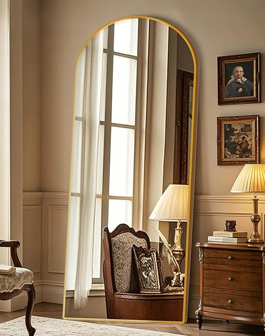 Delma Wall Mirror Full Length, Standing Floor Mirror for Bedroom Bathroom Living Room with Aluminium Frame (with Stand, Arch 69x24-Gold)