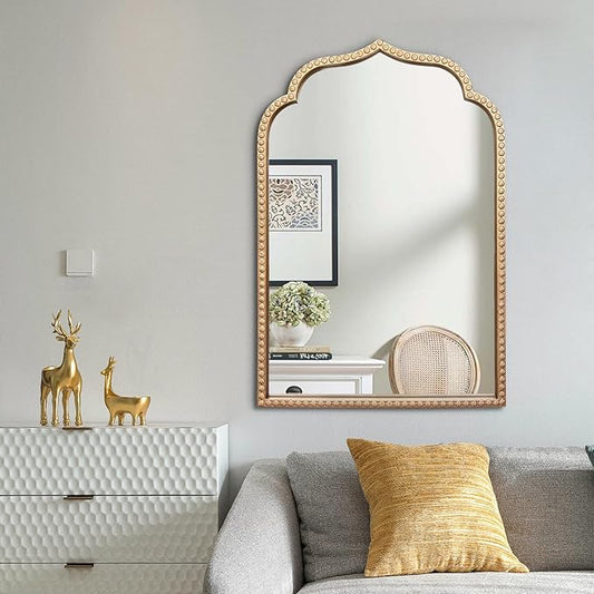 Gold Arch Mirror, 24"x36" Arched Vanity Mirrors for Bathroom, Metal Beaded Frame Ornate Decorative Mirror, Scalloped Vintage Mirrors for Fireplace Bedroom Living Room Hallway Entryway