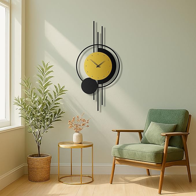pluviart Geometric Gold and Black Wall Clock – Large Silent Metal Timepiece, Modern Mid-Century Wall Art for Living Room, Office and Home Decor