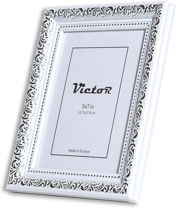 VictoR 5x7 Picture Frame Rubens White Silver - Picture Frames 5x7 - with Shutterproof Acrylic Glass - Antique - White 5 by 7