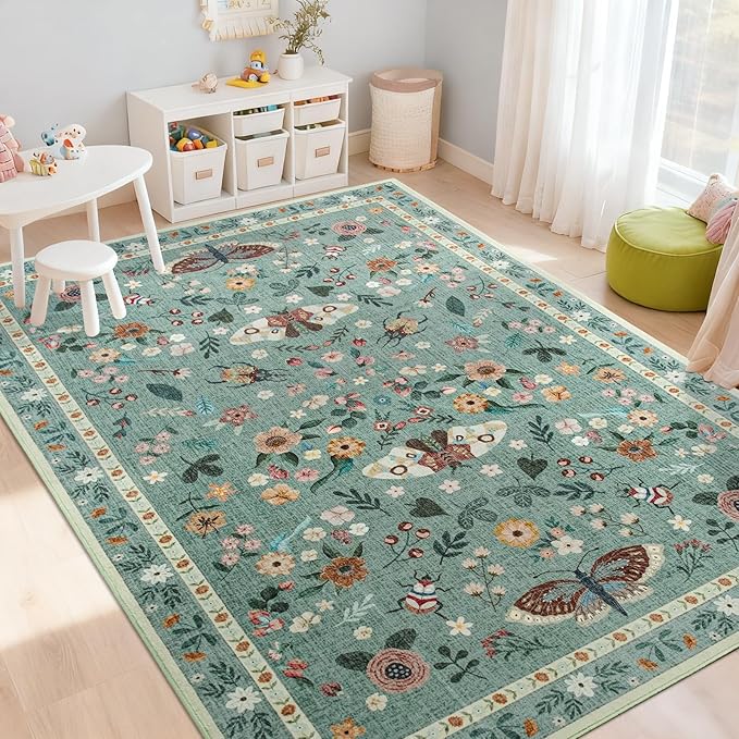 5x7 Rug for Living Room, Washable Area Rugs for Bedroom, Soft Non Slip Indoor Low Pile Carpet for Dining Room, Large Throw Floral Butterfly Carpets for Office Nursery Home Decor, Light Green
