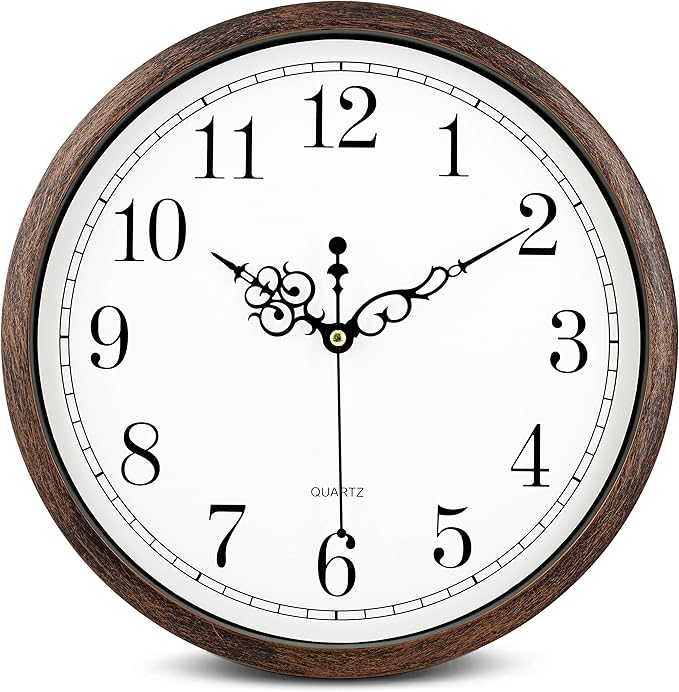 Bernhard Products Wall Clock 12 Inch Silent Non Ticking Movement Quality Quartz Battery Operated Round Easy to Read Decorative Brown Home/Kitchen/Office/Bedroom/Classroom/School Clocks, Black Numbers