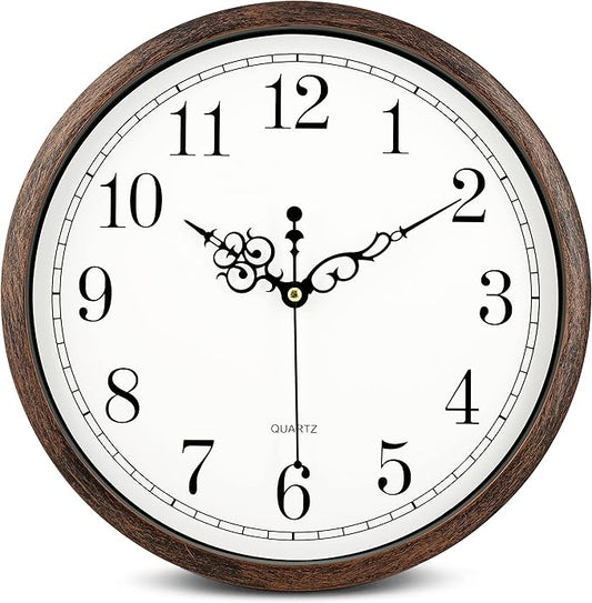 Bernhard Products Wall Clock 12 Inch Silent Non Ticking Movement Quality Quartz Battery Operated Round Easy to Read Decorative Brown Home/Kitchen/Office/Bedroom/Classroom/School Clocks, Black Numbers