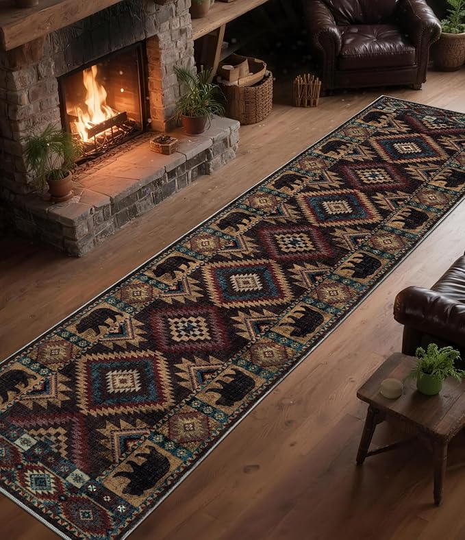 Hallway Runner Rug 2x8 Indoor Door Mat - Western Rug Bear Rustic Cabin Non-Slip Entryway Rug, Low Pile Tribal Print for Kitchen, Bedroom