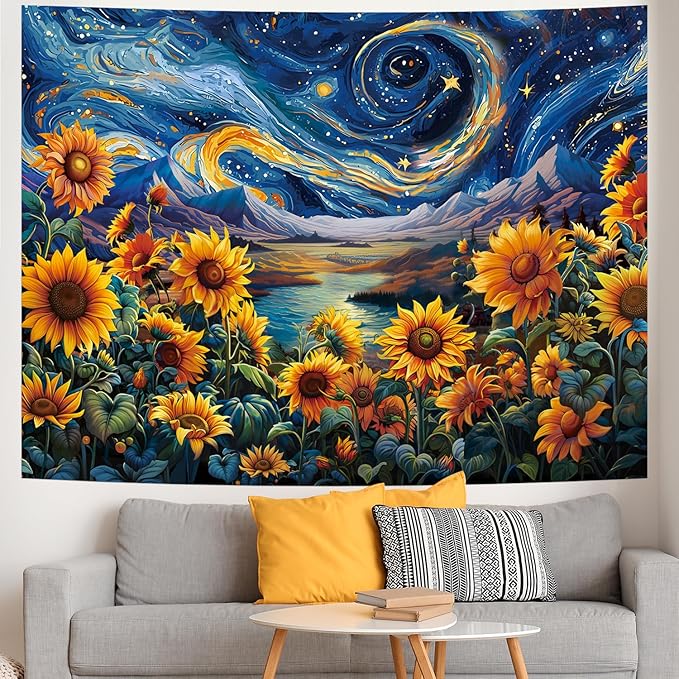 Yuiqear Sunflower Starry Sky Tapestry Galaxy Space Wall Tapestries psychedelic Mountain River Tapestries Fantasy Landscape Tapestry for Bedroom Decor