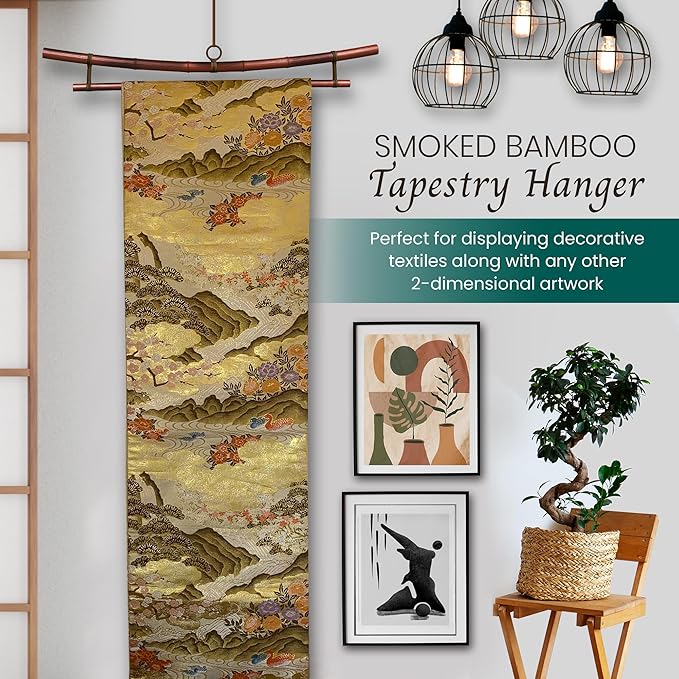 Smoked Bamboo Tapestry Holder, Rug Wall Hanger, Tapestry Wall Hanger, Obi Textile Hanger - Zen Pagoda Style Up to 19", 23", 30" or 36" - Japanese Ikat Kimono Display - Authentically Handmade (Fits 23 Inch tapestry)