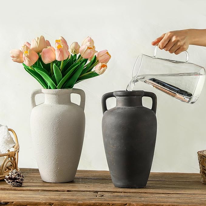 Large Ceramic Vase - 11.41 inch Tall Rustic Vase with 2 Handles, Decorative Flower Vases for Home Decor, Living Room Shelf Decor, Table Office