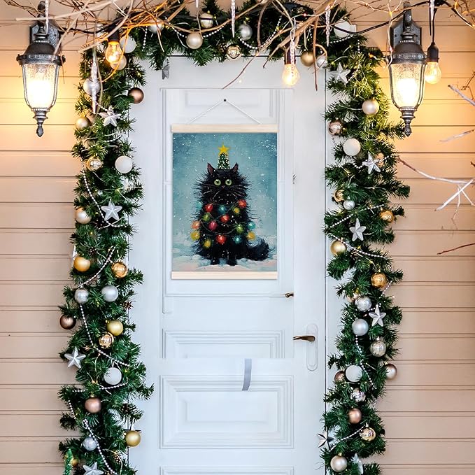 Black Cat Christmas Poster Hanger with Wood Frame, Funny Christmas Winter Wall Art Decor for Home, Cute Black Cat Xmas Tree Holiday Posters for Bedroom Living Room Decor, 12x16 Inch