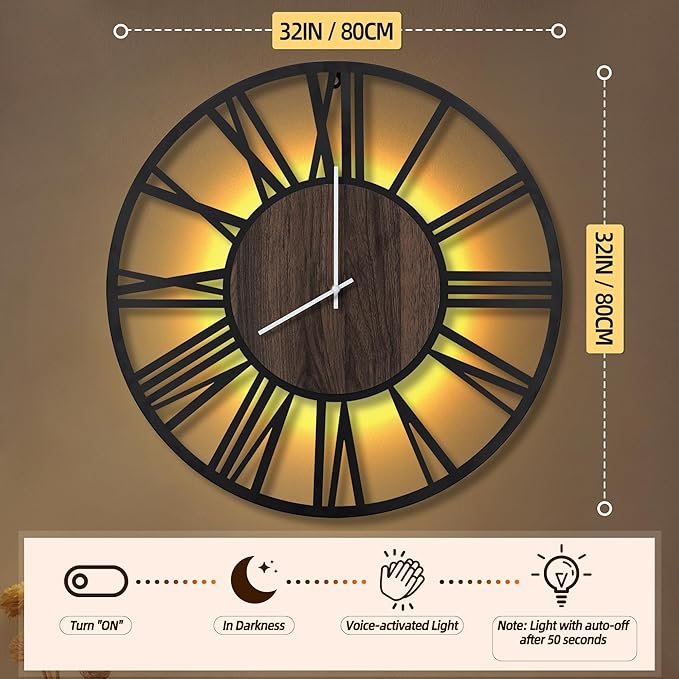 LEIKE Large LED Wall Clocks,Silent,Non Ticking,Battery Operated Rustic Round Modern Big Wood Wall Clock for Living Room, Bedroom,Kitchen,Farmhouse,Office,Home Decor -32" Black,LED,Roman Number
