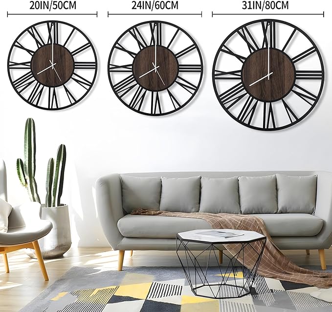 LEIKE Large LED Wall Clocks,Silent,Non Ticking,Battery Operated Rustic Round Modern Big Wood Wall Clock for Living Room, Bedroom,Kitchen,Farmhouse,Office,Home Decor -20" Black,LED,Roman Number