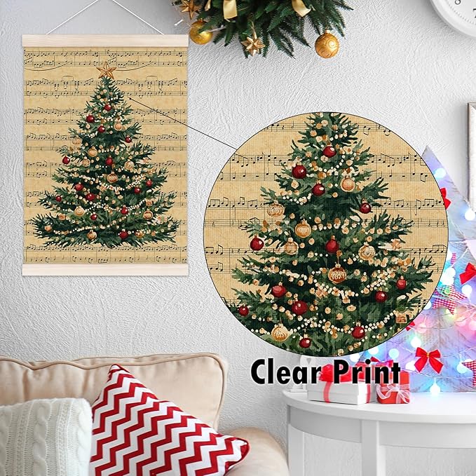Vintage Christmas Tree Poster Hanger with Wood Frame, Retro Christmas Music Sheet Wall Art Decor for Home, Farmhouse Rustic Winter Xmas Tree Posters for Bedroom Living Room Decor, 12x16 Inch