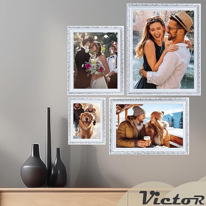 VictoR 11x14 Picture Frame Rubens White Silver - Picture Frames 11x14 - with Shutterproof Acrylic Glass - Antique - White 11 by 14 - only for hanging