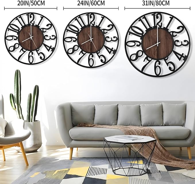LEIKE Large LED Wall Clocks,Silent,Non Ticking,Battery Operated Rustic Round Modern Big Wood Wall Clock for Living Room, Bedroom,Kitchen,Farmhouse,Office,Home Decor -20" Black,LED,Arabic Number