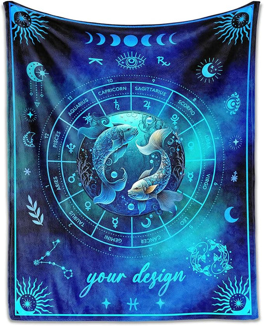 Custom Pisces Blanket Gifts, 40" x 30" Rectangular Flannel Zodiac Throw Blanket Cozy, Personalized Gift for Boys Girls Teen Women Men Tarot Cards Lovers Birthday Anniversary Festival