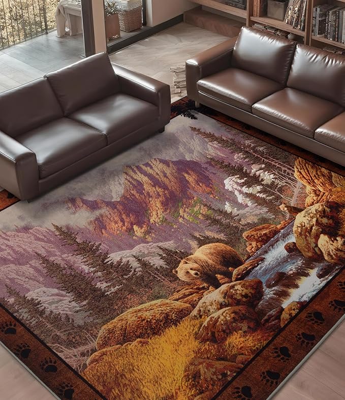 YIHOUSE Rustic Cabin Area Rug for Bedroom 8x10,Machine Washable Woodland Bear Rug,Non-Slip Low Pile Print Pattern Wildlife Rug for Living Room