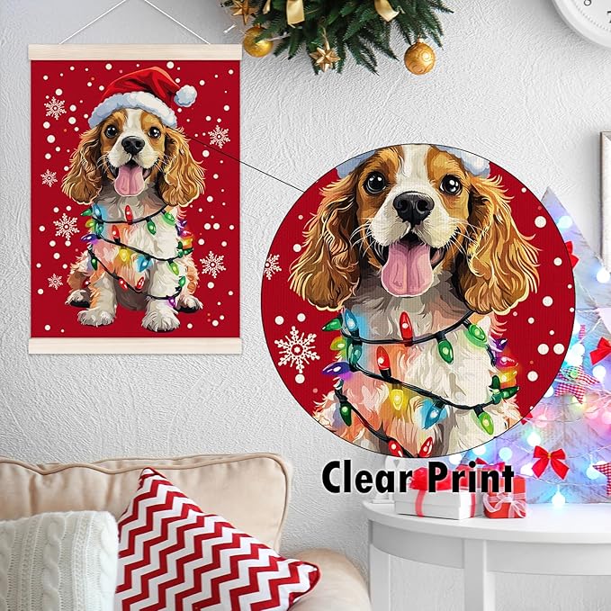 Funny Christmas Cocker Spaniel Poster Hanger with Wood Frame, Christmas Dog Wall Art Decor for Home, Cocker Spaniel Gifts for Women, Xmas Dog Posters for Bedroom Living Room Decor, 12x16 Inch