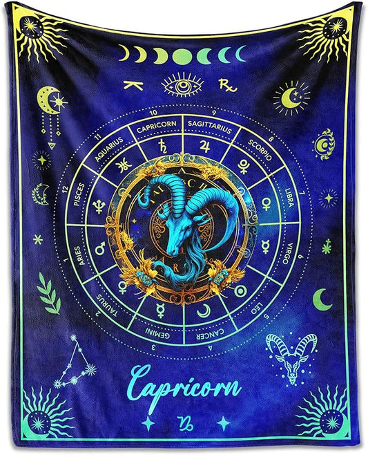 Capricorn Blanket Gifts, 60" x 50" Rectangular Flannel Zodiac Throw Blanket Cozy, Gift for Boys Girls Teen Women Men Tarot Cards Lovers Birthday Anniversary Festival