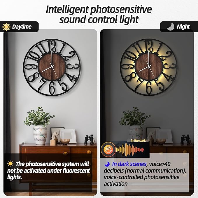 LEIKE Large Wall Clocks with Night Light Battery Operated,Silent Non Ticking,Rustic Modern Big Wood Clock for Living Room, Bedroom,Kitchen,Farmhouse,Office,Home Decor-24 Inch(Black-Arabic Number)