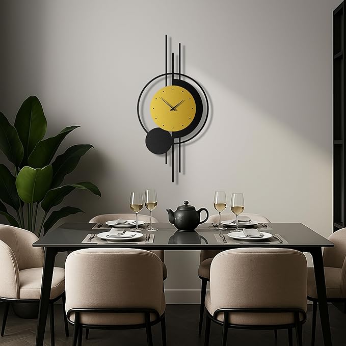 pluviart Geometric Gold and Black Wall Clock – Large Silent Metal Timepiece, Modern Mid-Century Wall Art for Living Room, Office and Home Decor
