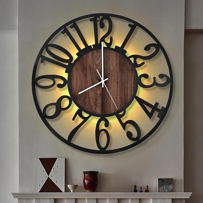 LEIKE Large LED Wall Clocks,Silent,Non Ticking,Battery Operated Rustic Round Modern Big Wood Wall Clock for Living Room, Bedroom,Kitchen,Farmhouse,Office,Home Decor -24" Black,LED,Arabic Number
