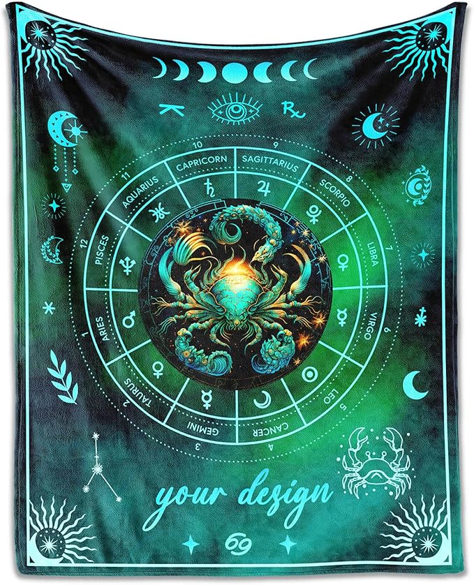 Custom Cancer Blanket Gifts, 40" x 30" Rectangular Flannel Zodiac Throw Blanket Cozy, Personalized Gift for Boys Girls Teen Women Men Tarot Cards Lovers Birthday Anniversary Festival