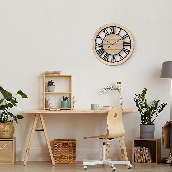 Maxstar 16'' Wall Clock for Living Room Decor, Ultra-Silent Rustic Wooden Farmhouse Wall Clock with Metal & Real Wood Frame, Battery Operated, for Kitchen Bedroom Office, Roman Numerals