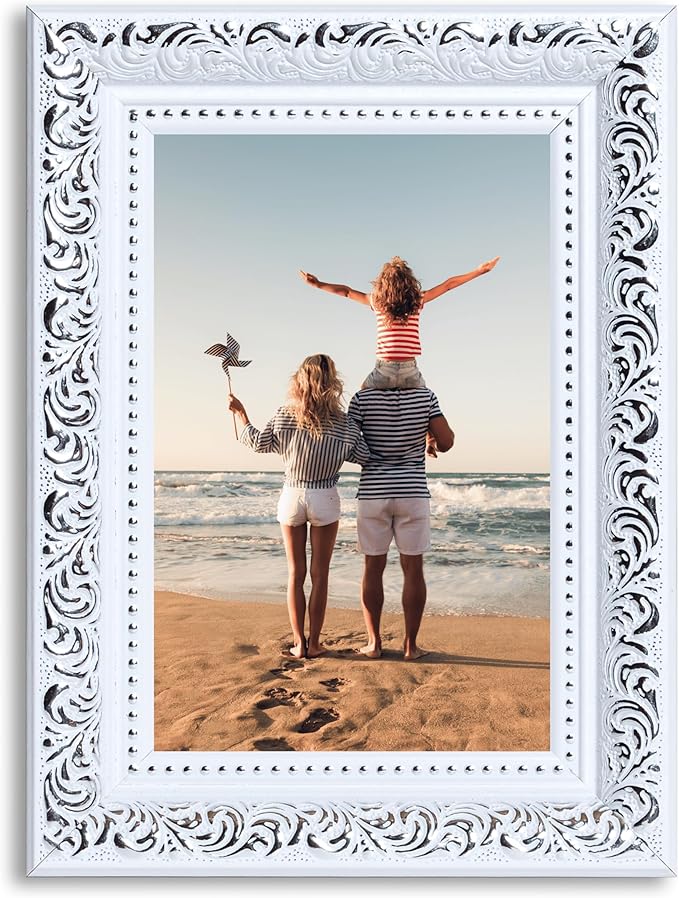 VictoR 4x6 Picture Frame Rubens White Silver - Picture Frames 4x6 - with Shutterproof Acrylic Glass - Antique - White 4 by 6