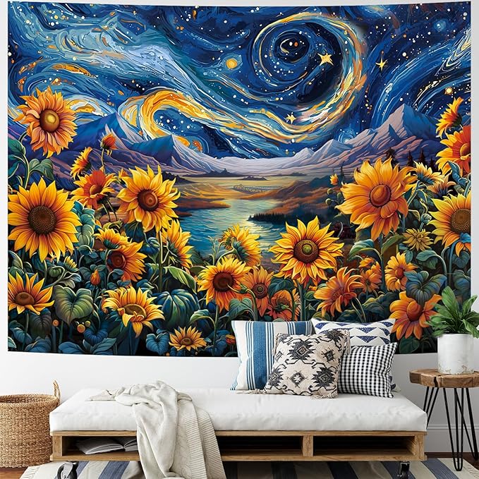 Yuiqear Sunflower Starry Sky Tapestry Galaxy Space Wall Tapestries psychedelic Mountain River Tapestries Fantasy Landscape Tapestry for Bedroom Decor