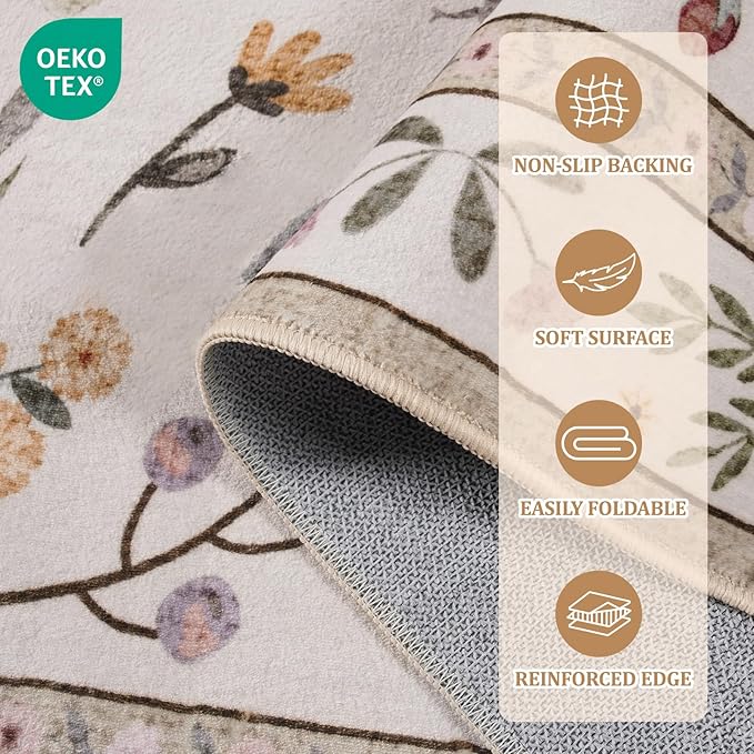 Rug for Living Room 6x9, Washable Area Rugs for Bedroom, Soft Thin Non Slip Indoor Low Pile Carpet for Dining Room, Large Throw Floral Butterfly Carpets for Office Nursery Home Decor, Beige