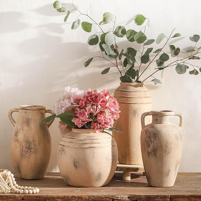 Large Ceramic Vase,11.3 inch Tall Farmhouse Flower Vase with 2 Handles,Terracotta Decorative Flower Vase for Home Decor, Living Room Entryway Table Centerpiece Decor