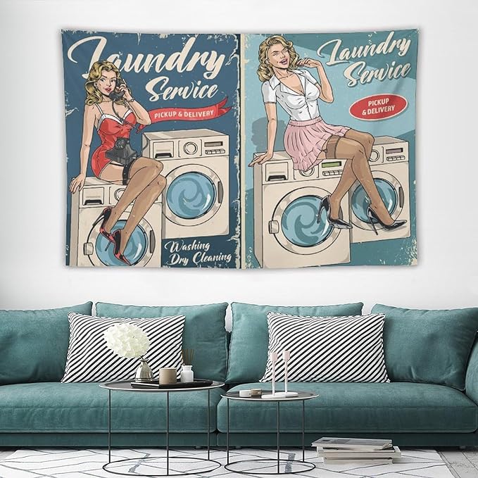 ZhiRain Laundry Service Tapestry Wall Hanging Vintage Laundry Room Poster Tapestries Home Decor for Living Room Bedroom Farmhouse Apartment Dorm 60"x90"