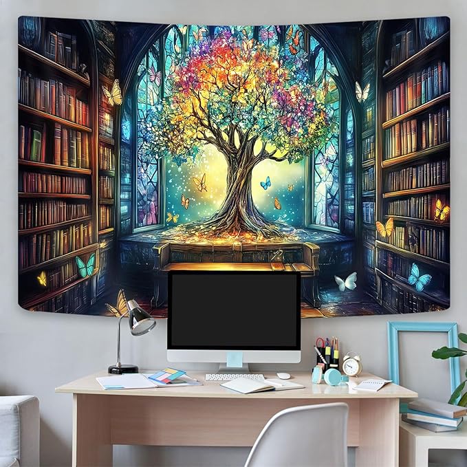 Mysterious Library Tapestry, Fantasy Enchanted Tree Magic Bookshelf Aesthetic Tapestries for Classroom, Witchy Fairy Tree Vintage Bookshelf Book Art Tapestry Wall Hanging College Room Bedroom, 80X60