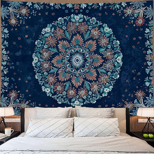 Fowocu Boho Floral Mandala Tapestry Wall Hanging Blue Bohemian Flower Medallion Tapestry Aesthetic Vintage Navy Hippie Indian Large Tapestries for Bedroom Living Room Dorm Decor 80 x 60 Inch