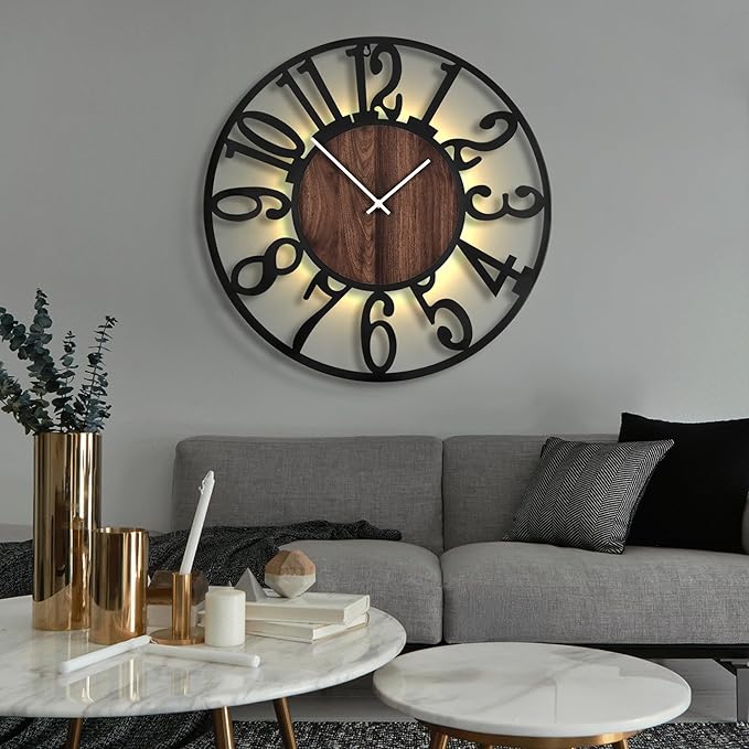 LEIKE Large Wall Clocks with Night Light Battery Operated,Silent Non Ticking,Rustic Modern Big Wood Clock for Living Room, Bedroom,Kitchen,Farmhouse,Office,Home Decor-32 Inch(Black-Arabic Number)
