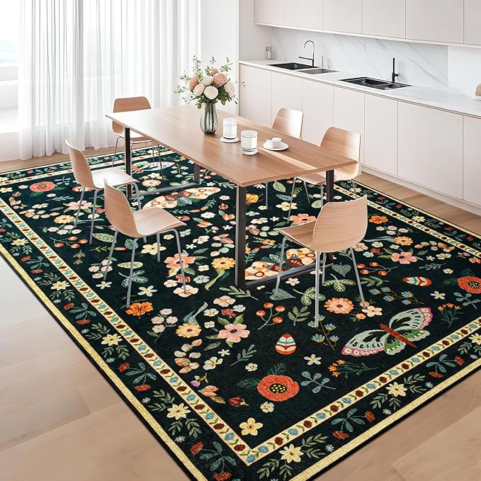 5x7 Area Rug for Living Room, Washable Rugs for Bedroom, Soft Thin Non Slip Indoor Low Pile Carpet for Dining Room, Large Throw Floral Butterfly Carpets for Office Nursery Home Decor, Black