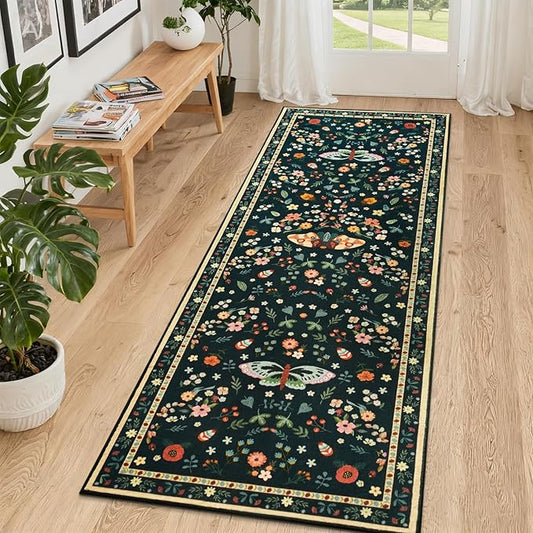 2x6 Runner Rug, Washable Hallway Area Rugs for Bedroom Living Room, Soft Throw Bedside Butterfly Rug for Kitchen, Non Slip Indoor Thin Long Carpet for Entryway Laundry Dorm, Black