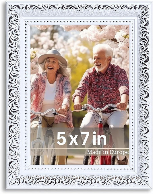 VictoR 5x7 Picture Frame Rubens White Silver - Picture Frames 5x7 - with Shutterproof Acrylic Glass - Antique - White 5 by 7