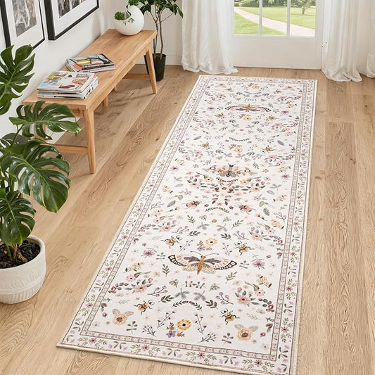2x6 Runner Rug, Washable Hallway Area Rugs for Bedroom Living Room, Soft Throw Bedside Butterfly Rug for Kitchen, Non Slip Indoor Thin Long Carpet for Entryway Laundry Dorm, Beige