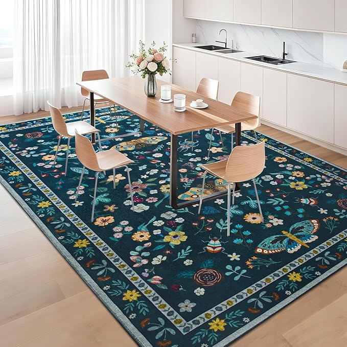 6x9 Rug for Living Room, Washable Area Rugs for Bedroom, Soft Non Slip Indoor Low Pile Carpet for Dining Room, Large Throw Floral Butterfly Carpets for Office Nursery Home Decor, Dark Green