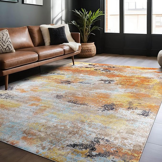 Non Slip Rugs 4x6 Modern Abstract Easy Silk Rubber Backing Soft Area Rug for Living Room Easy to Clean Non Shedding Kitchen for Bedroom Indoor Carpet (Orange - Brown, 4x6)