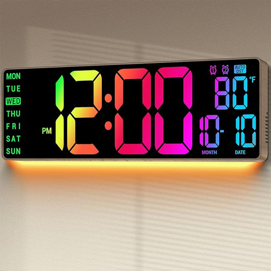 16.5" Large Digital Wall Clock: 11 RGB Colors Wall Mount Decor Clock for Living Room Bedroom Office Classroom, House Warming Gifts New Home Decor, for Men Women Brown