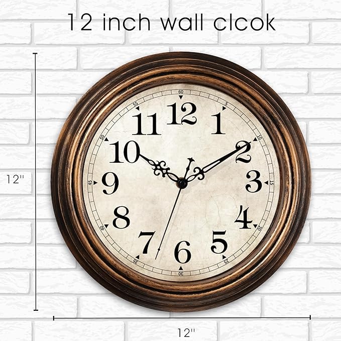 HYLANDA Wall Clock - 12 Inch Vintage Battery Operated - Retro Silent Non Ticking - Decorative Living Room Home Kitchen School Office