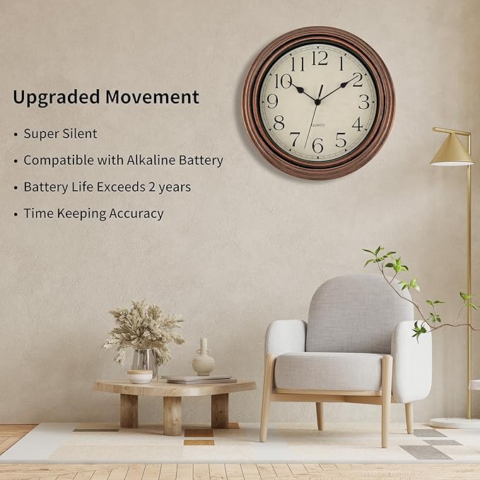 Foxtop Vintage Copper Wall Clock 12 Inch Silent Non Ticking Battery Operated Quartz Round Retro Wall Clock Decorative for Kitchen Bedroom Living Room Office Classroom
