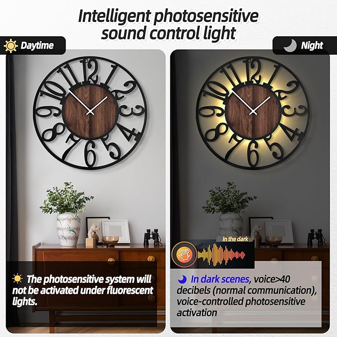 LEIKE Large Wall Clocks with Night Light Battery Operated,Silent Non Ticking,Rustic Modern Big Wood Clock for Living Room, Bedroom,Kitchen,Farmhouse,Office,Home Decor-30 Inch(Black-Arabic Number)